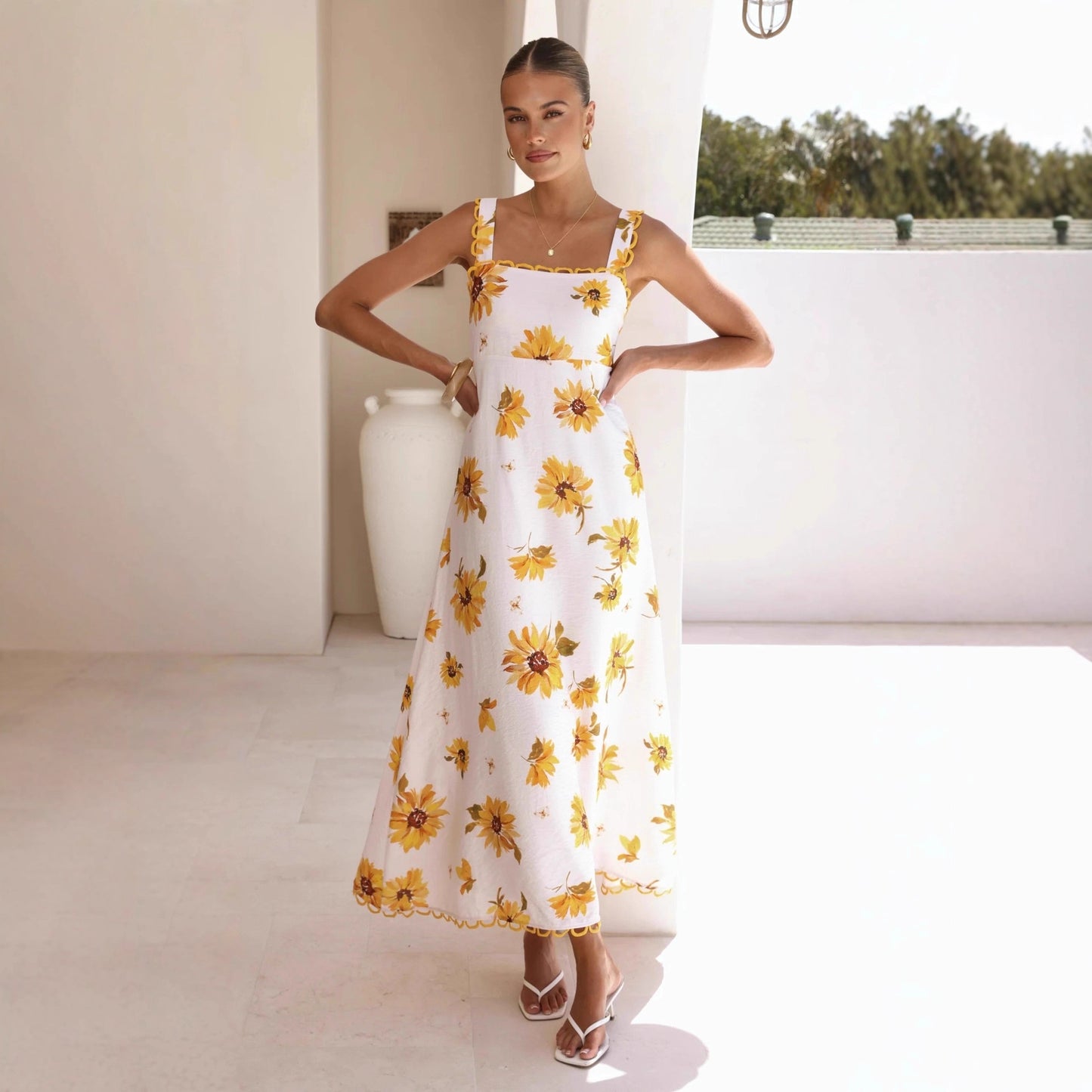 Casual Resort-style Lace Linen Slip Dress