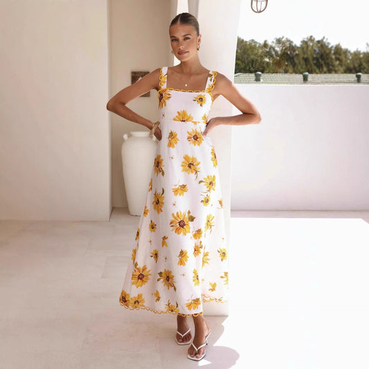 Casual Resort-style Lace Linen Slip Dress