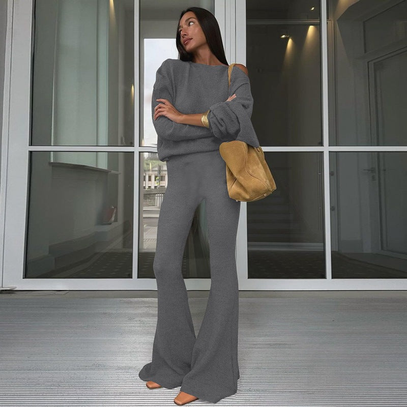 Instagram-style Off-shoulder Long-sleeve High-waist Flared Pants Fashionable Women's Suit