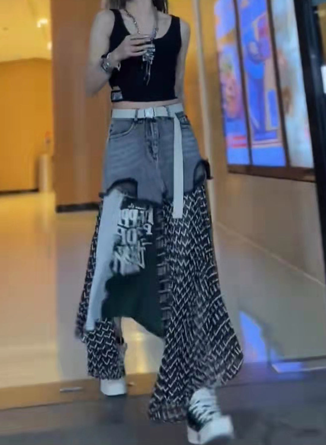 Women's High Waist Washed Denim Splicing Fashion Print Casual Skirt