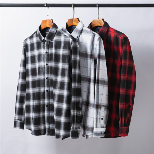 Autumn Brushed Long-sleeved Japanese Casual Loose Plaid Men's Bottoming Shirt