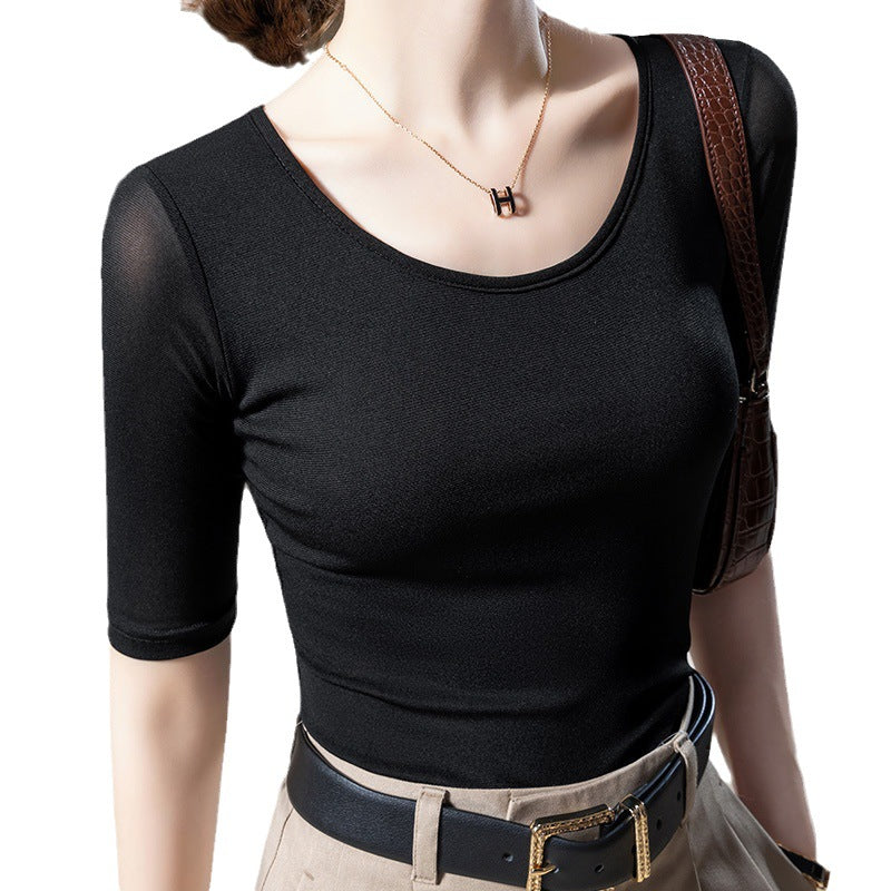 Elegant Langærmet Mesh T-shirt til Kvinder Ensfarvet Taljestretch Top