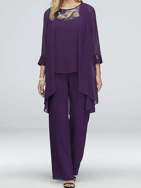 Round Neck Lace Chiffon Patchwork Cardigan Straight-leg Pants Three-piece Suit