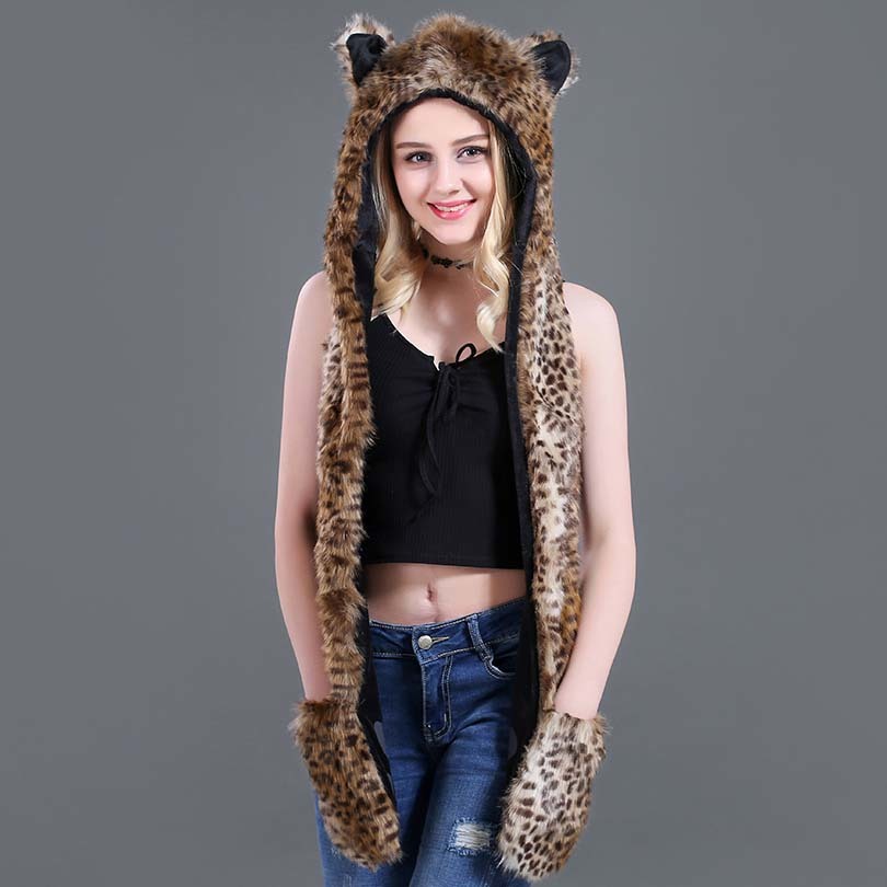 Faux Fur Strå Tegneserie Dyrehat Tørklæde Handsker Én