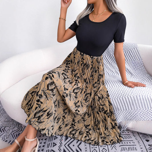 Womens Casual Leaf-Print High-Waisted Pleated Midi Dress