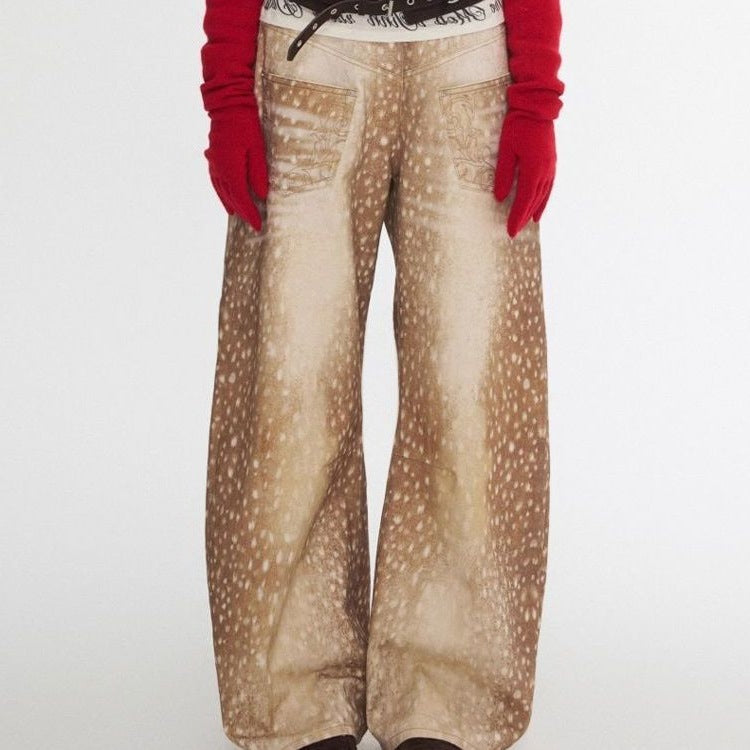Retro Plus-size Jeans i Denim med Patineret Hjorteprint