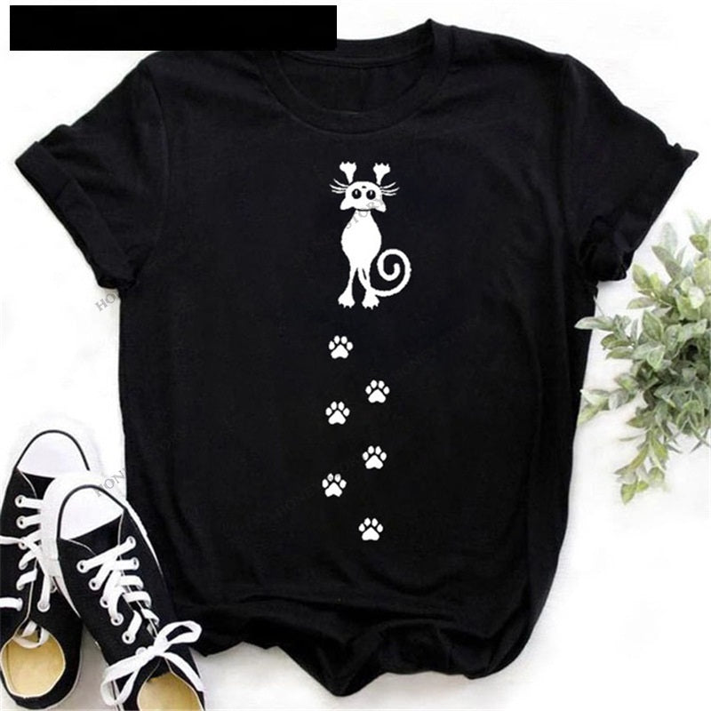 T-shirt med sødt sort print med tegneseriekatte- og hundepoter