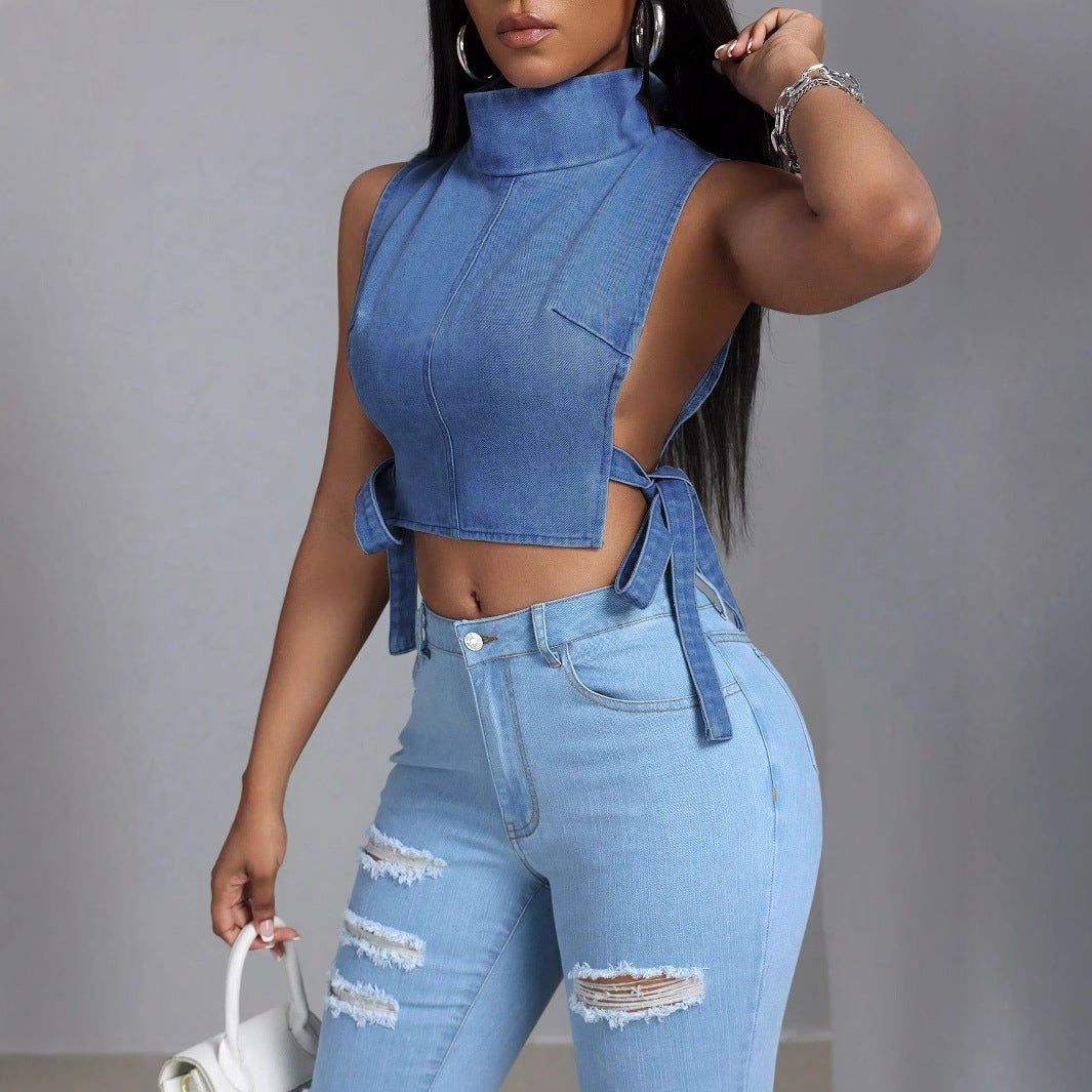Womens Sexy Lace-Up Denim Top