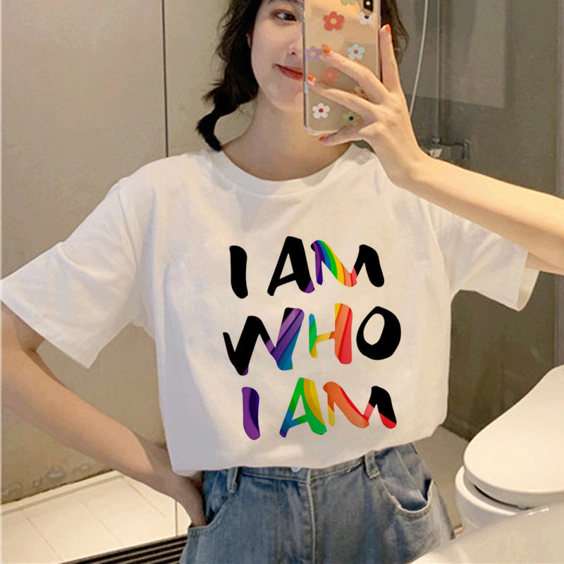 Personality Couple Wear Rainbow Letter Print Casual Short Sleeve T-Shirt