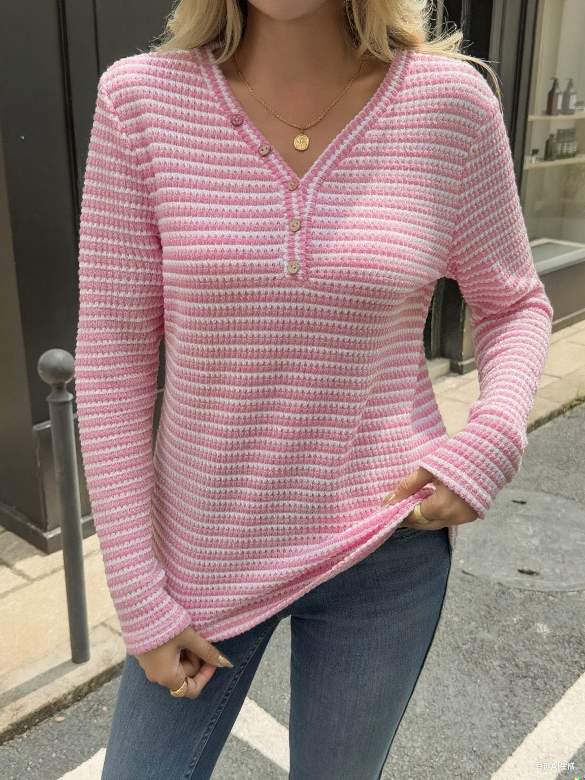 Pineapple Plaid Striped V-neck Long-sleeved T-shirt Women's Top