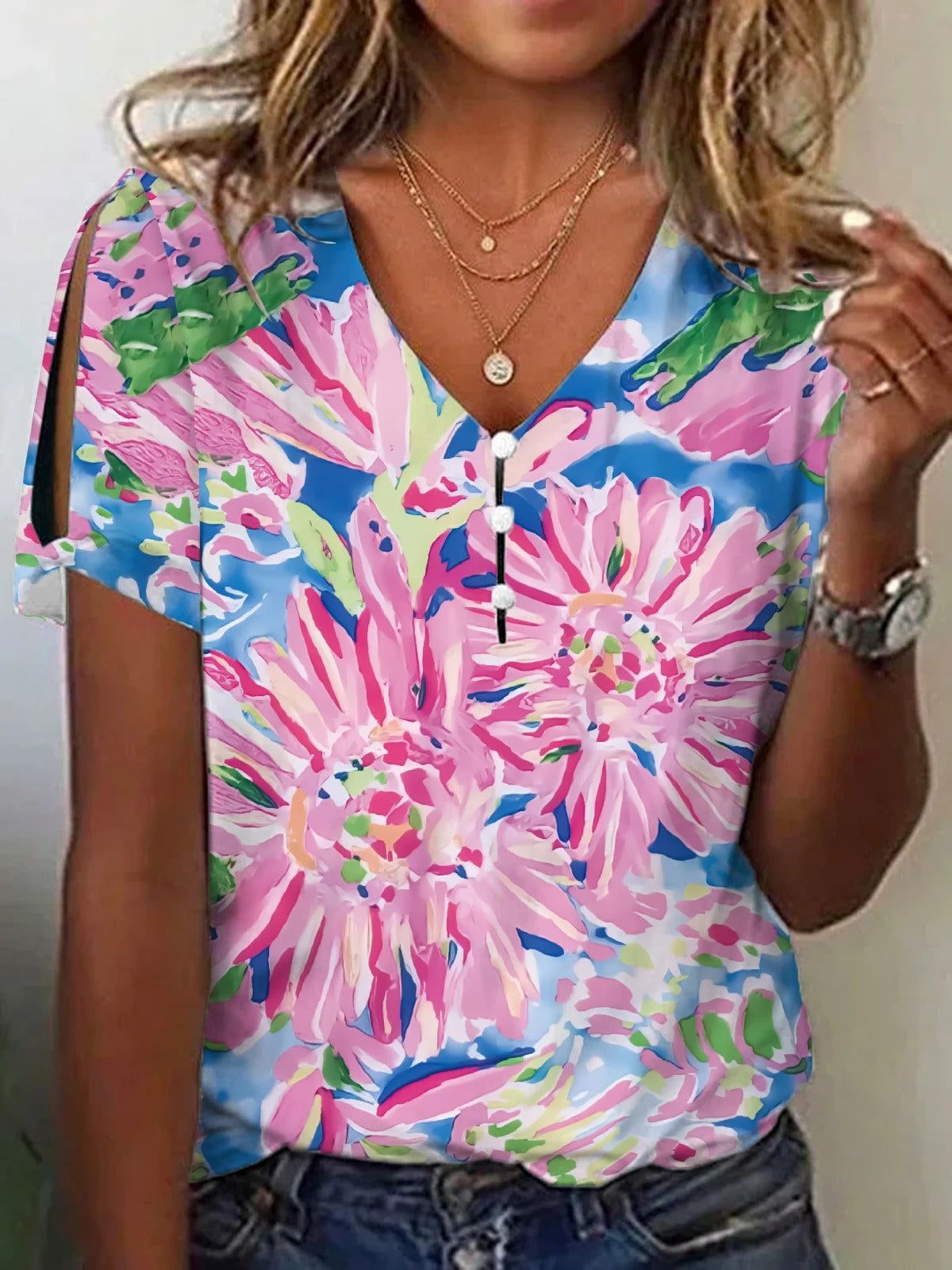 Women's 3d Printed Short-sleeved Button V-neck T-shirt