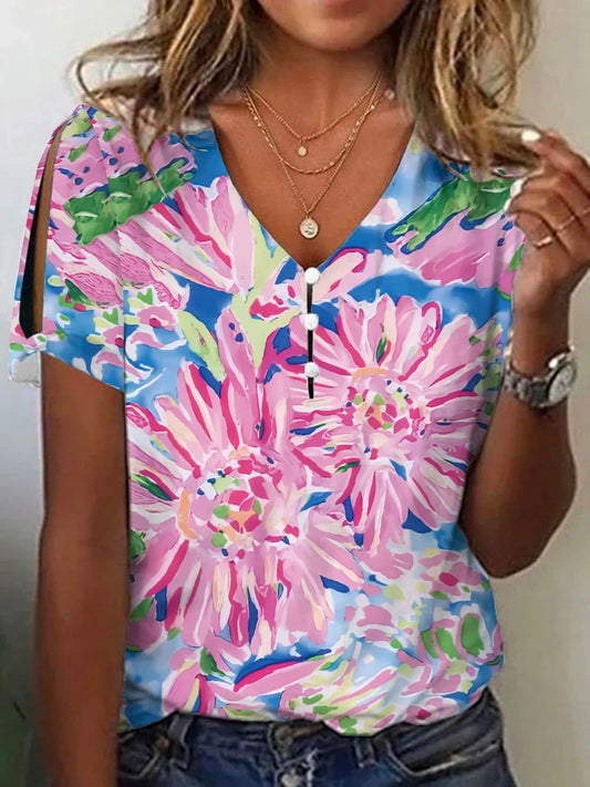 Women's 3d Printed Short-sleeved Button V-neck T-shirt