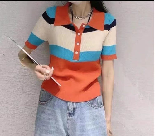 Color Stitching Lapel T-shirt Slim Fit And Slim Short Sleeves