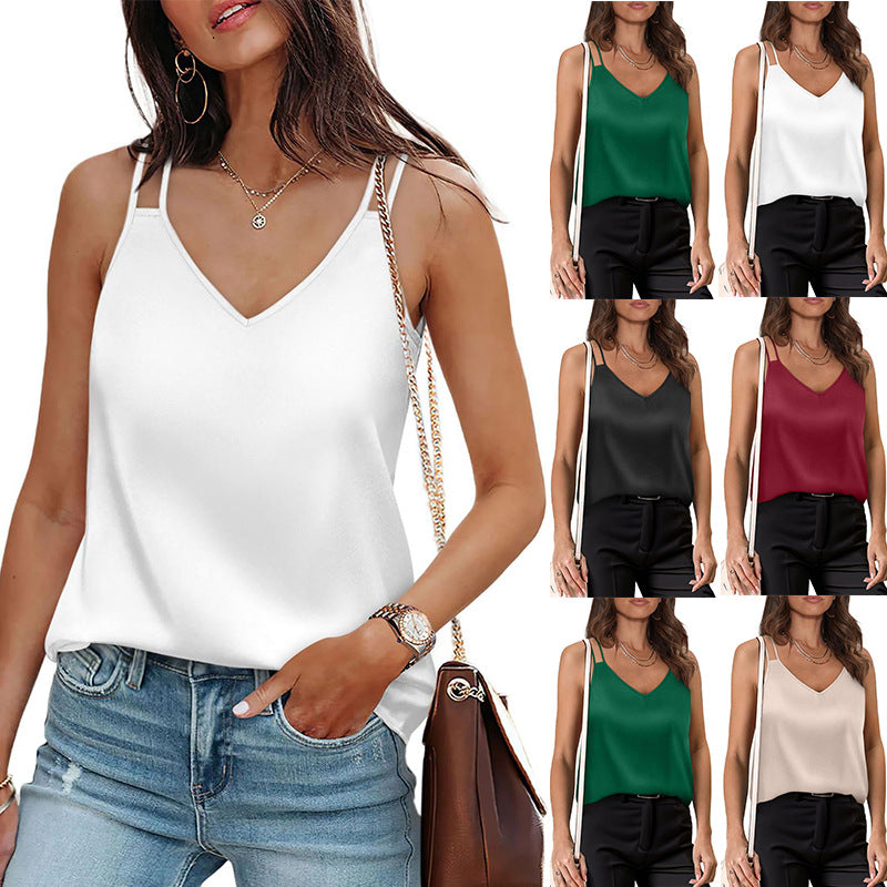 New Solid-color V-neck Camisole Loose-fit T-shirt