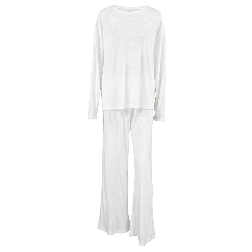 Womens Knitted Stretch Pajamas Loose Comfortable And Casuallong Sleeve Top And Long Pants For Lounging At Home