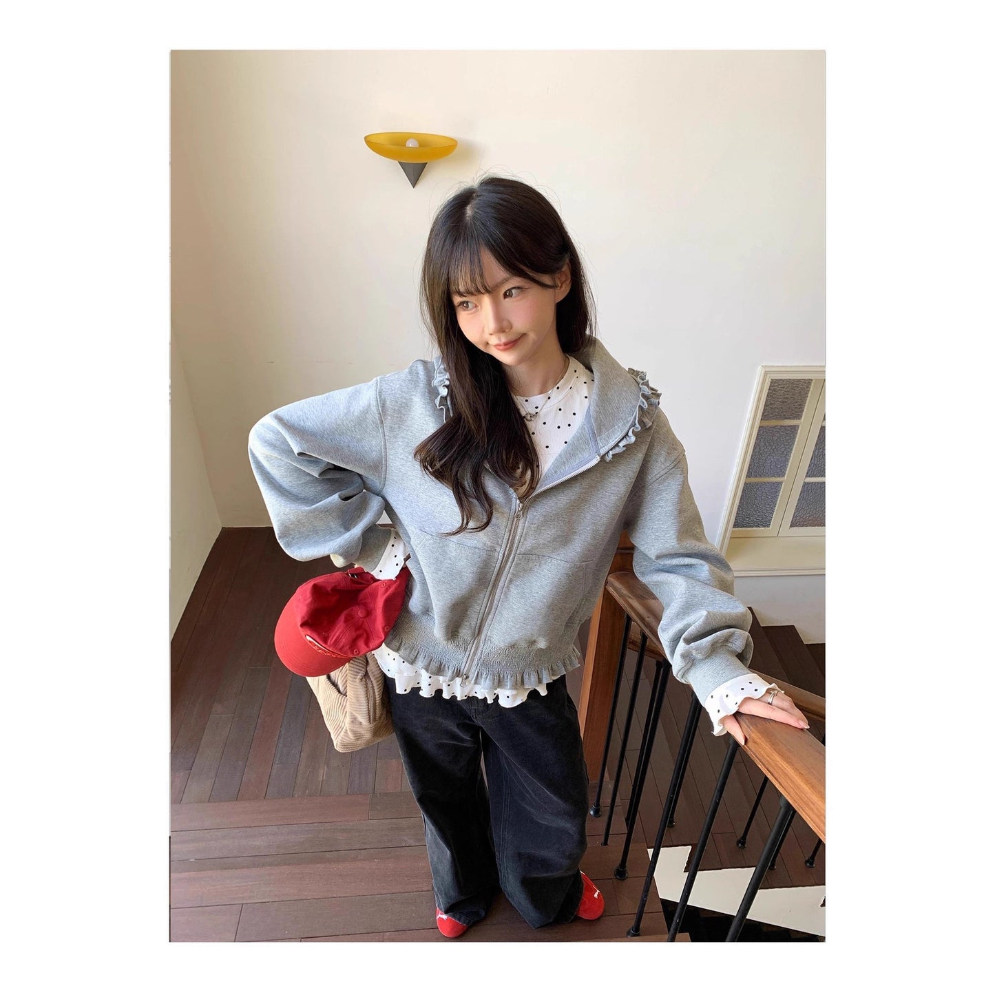 Gray Hooded Sweatshirt With Wood Ear Lace Jacket For Women