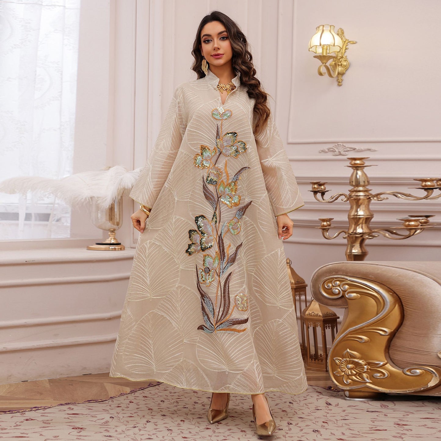 Womens Fashion Mesh Embroidered Long-Sleeve Dress