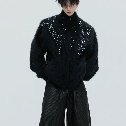 Turtleneck Plush Pearl Embellished Sweater Cardigan