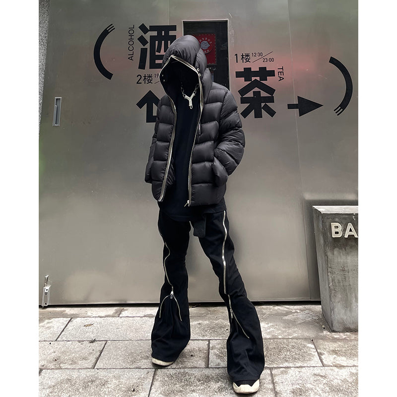 Dark Long Zipper Hooded Down Jacket Thickened