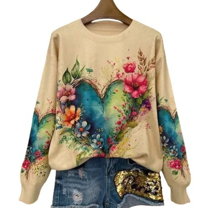 Womens Fresh And Casual Crew-Neck Printed Sweatshirt Top