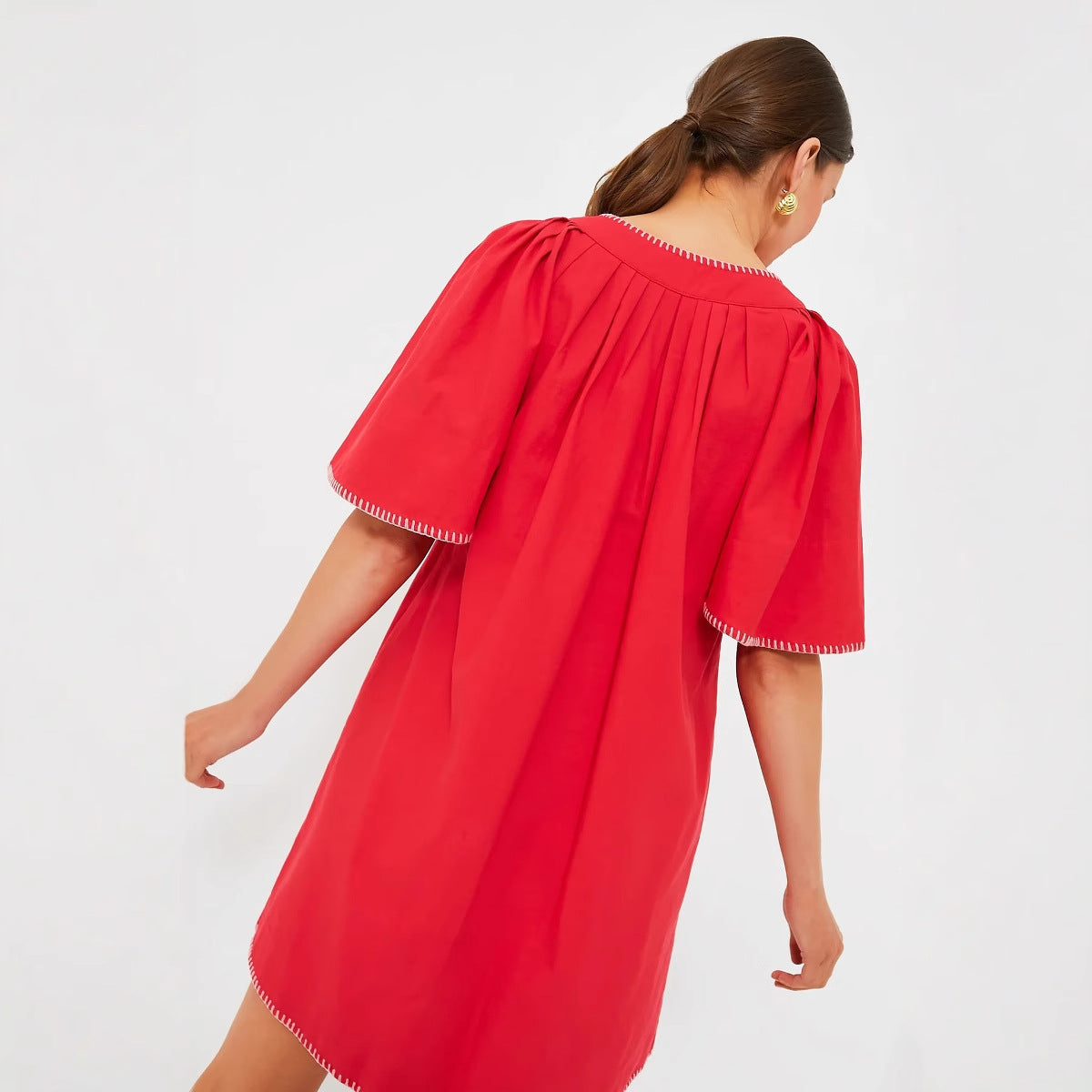 V-neck Solid-color Pleated Short-sleeve Lace Casual Summer Dress