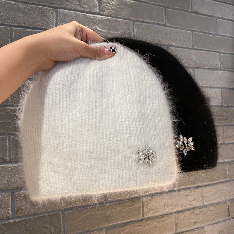 Women's Rabbit Hair Knitted Hat Thickened Warm Rhinestone Flowers