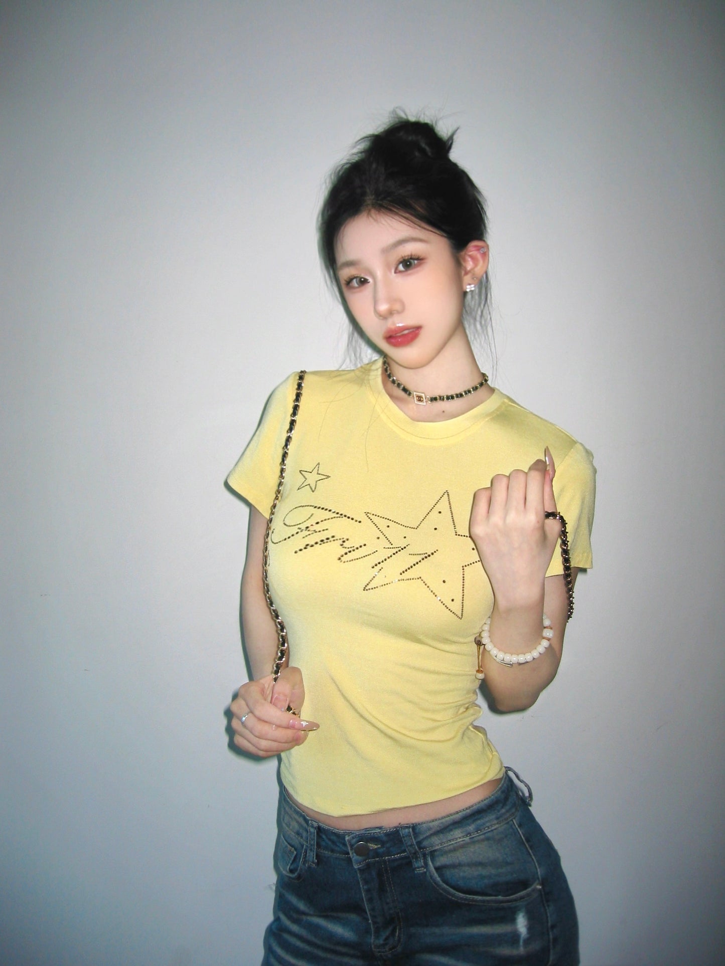 Yellow Shoulder Rhinestone T-shirt Short Sleeve Women's Short Top