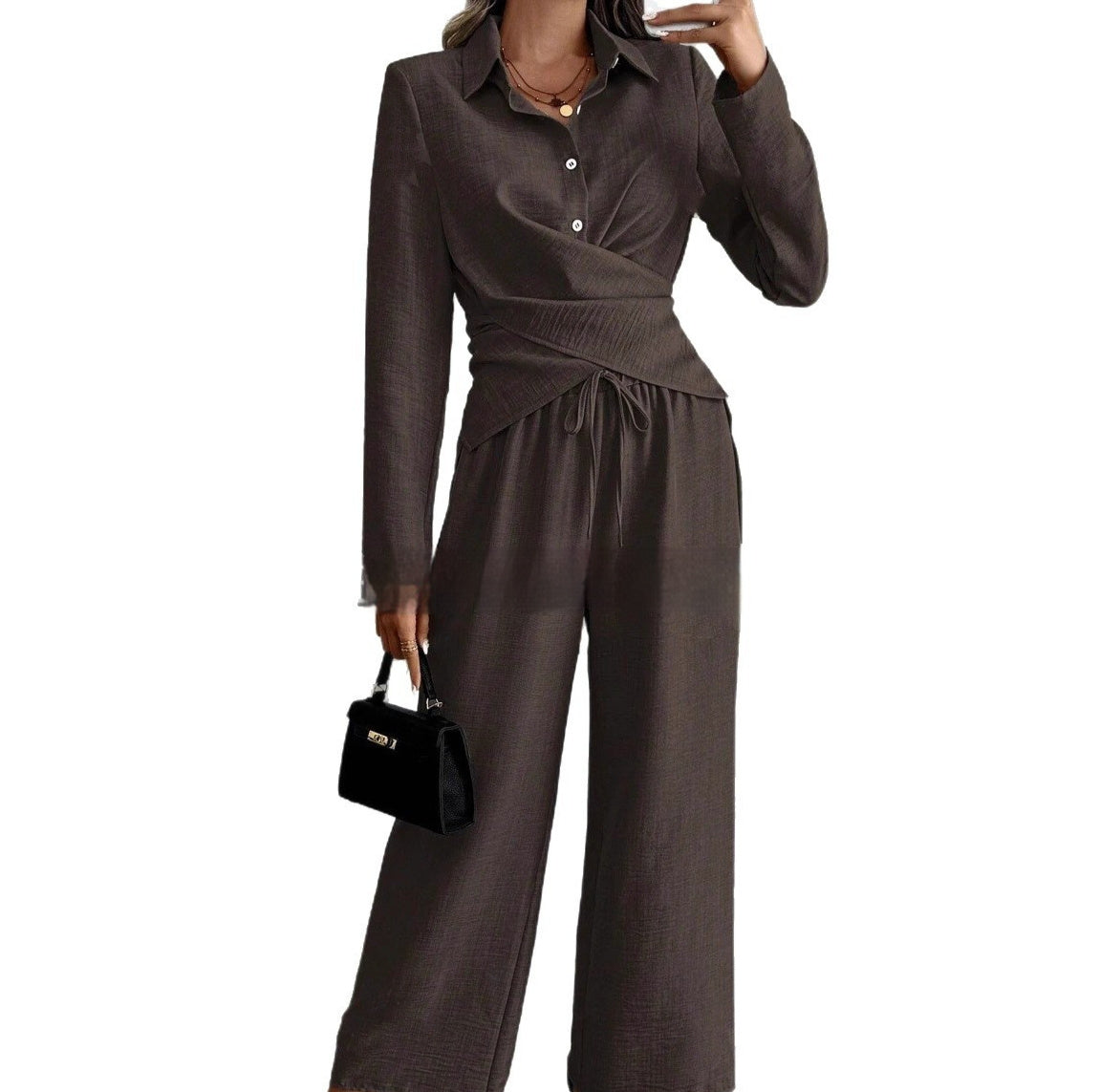 Women's Elegant Shirt Top And Wide-Leg Pants Two-Piece Set
