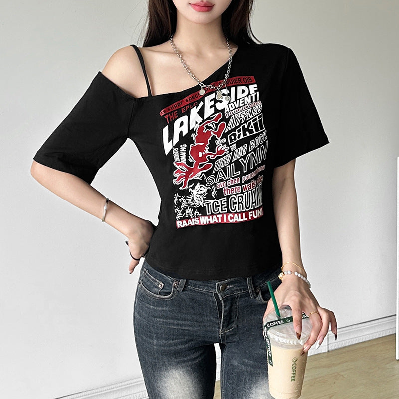 Womens Sexy Chic Off Shoulder Hollow Out Printed Crop Top