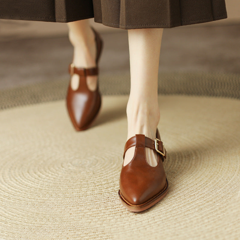 Chunky Heel New Soft Leather British Leather Shoes