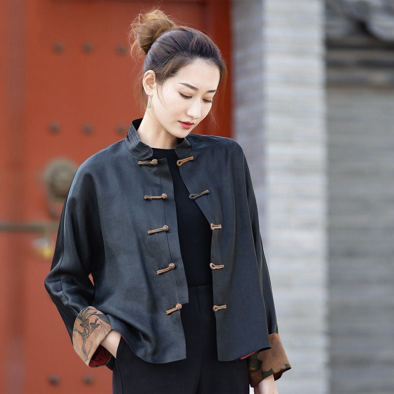 Women's Spring Satin Chinese Blouse Long-sleeved Tang Suit Jacket With A Word Disc Button