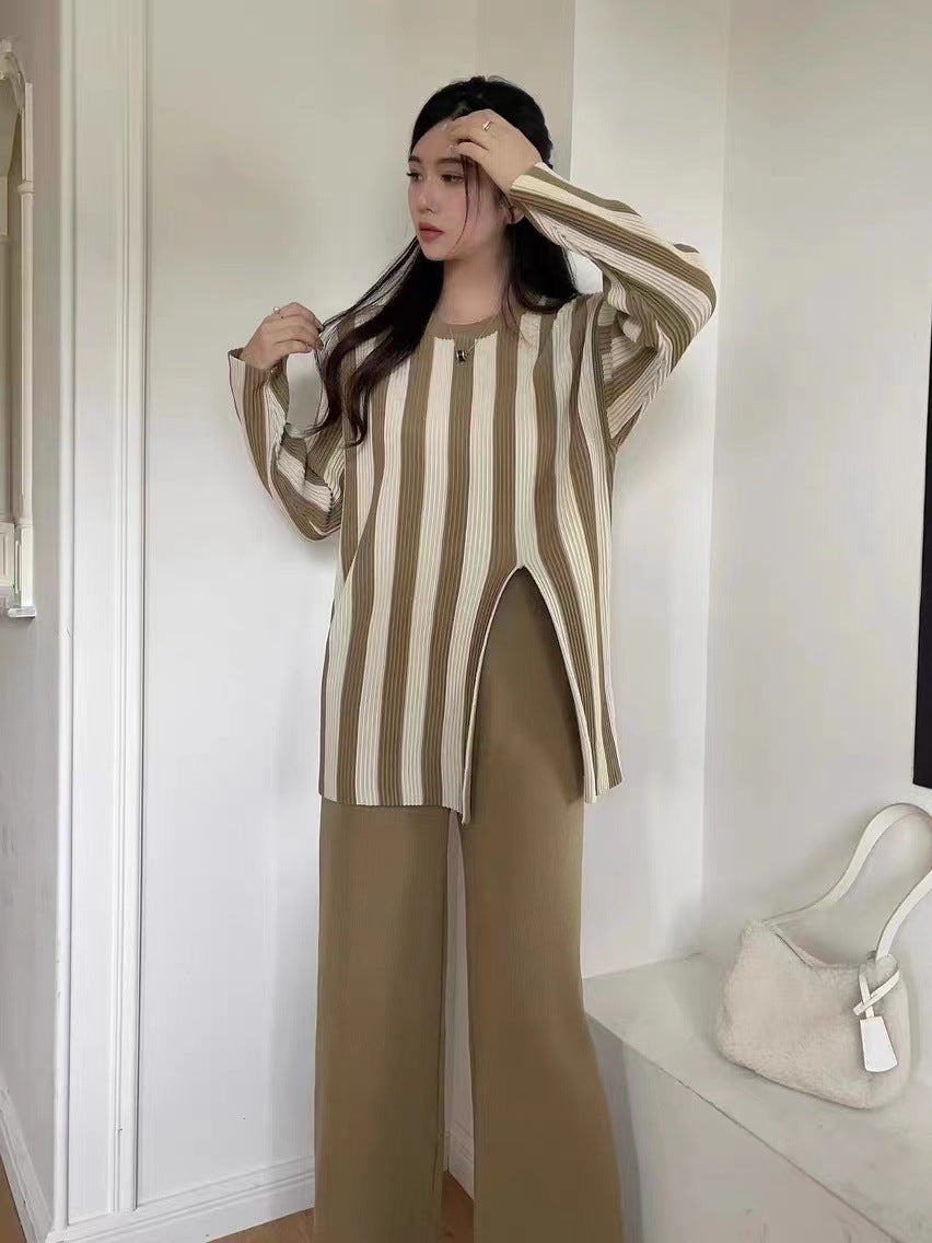 Vertical Stripes Crew Neck Split Knitwear Top High Waist Wide Leg Trousers Fashion Two-piece Suit