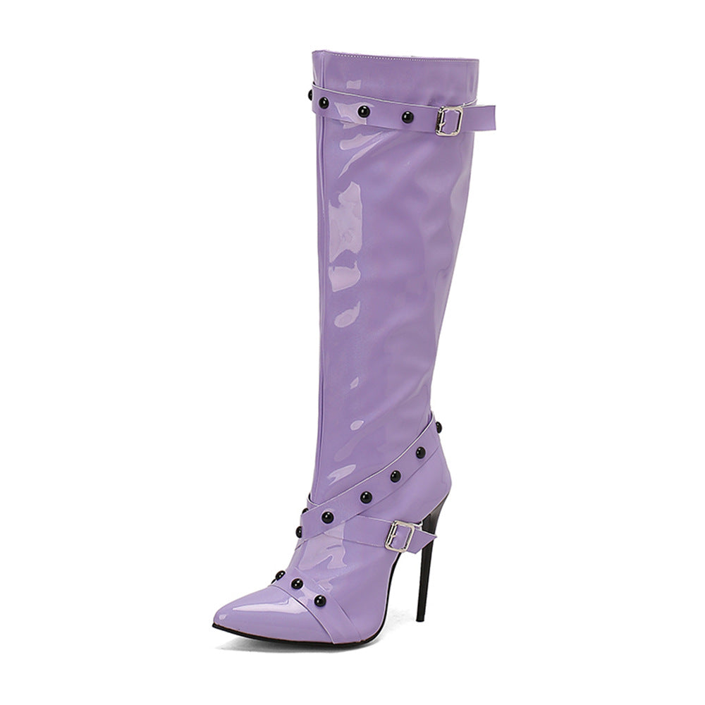 Womens Stiletto Heel Rivet Long Boots