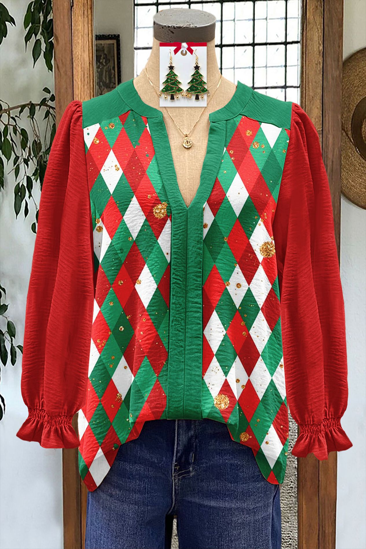 Women's Shirt Loose V-Neck Long Sleeve