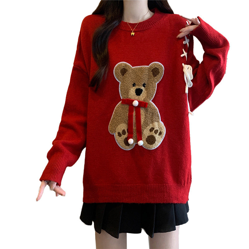 Red Fashionable Cartoon Bear Slim Fit Sweet Bow Sweater For Women