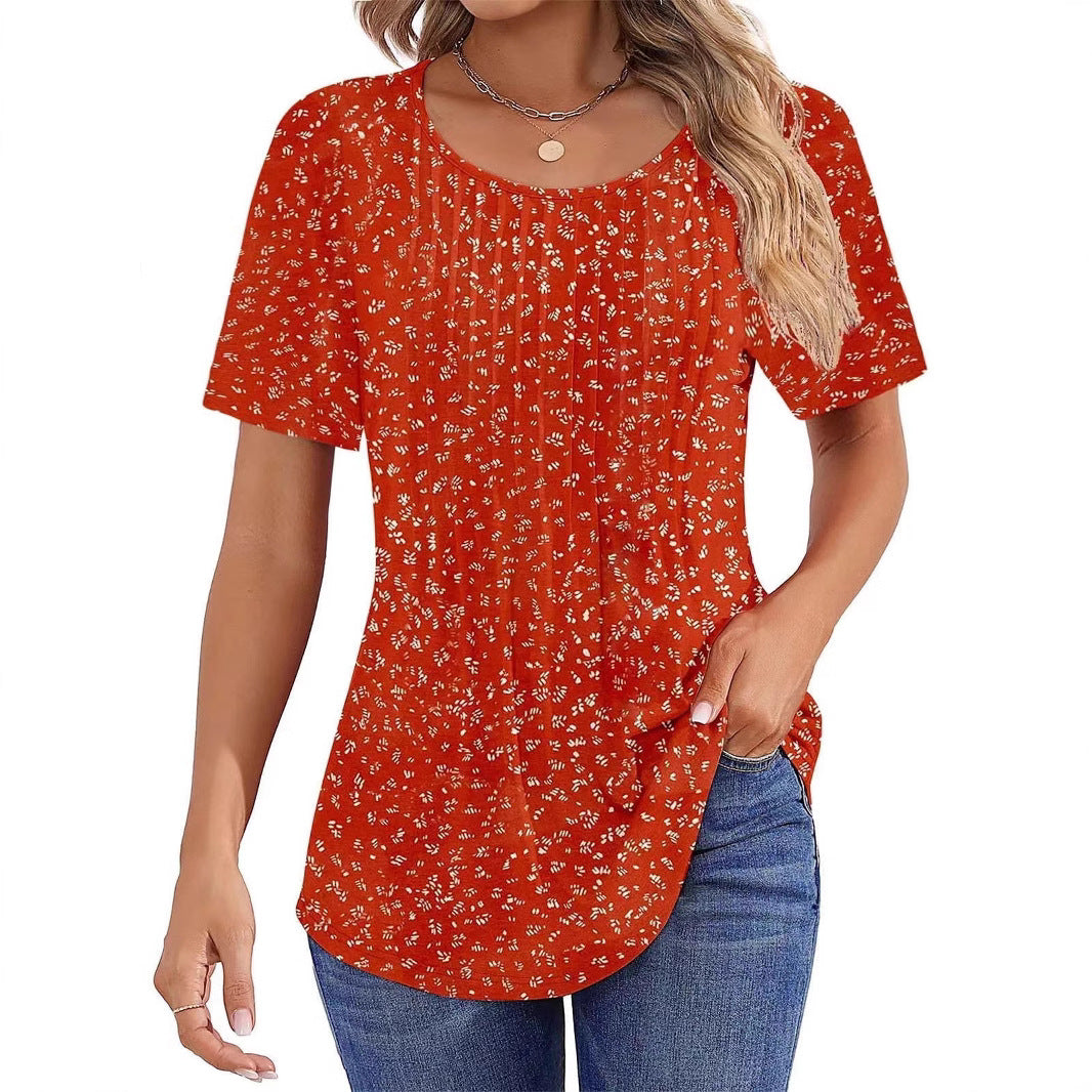 Round Neck Pleated Printed T-shirt