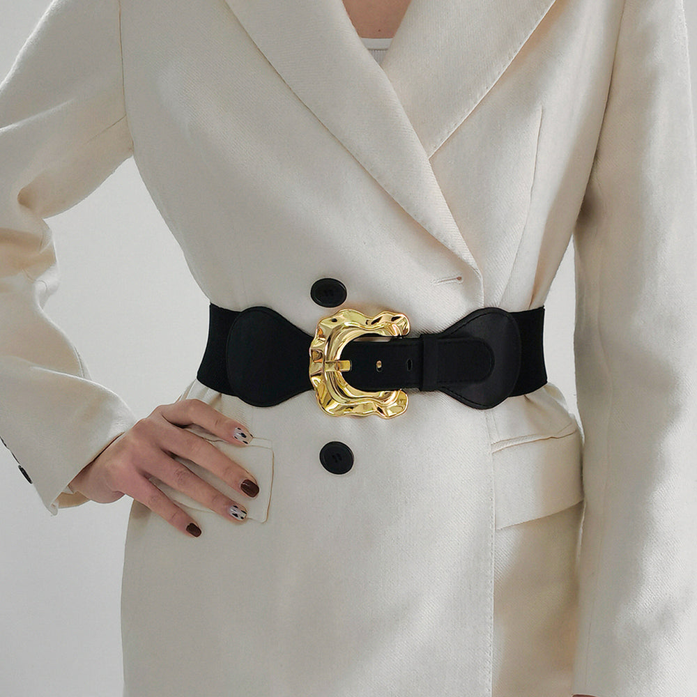 New Autumn And Winter Women's Wide Belt Elastic Elastic Irregular Flanged Alloy Buttonhead Smooth With Shirt Sweater Jacket Waist Seal