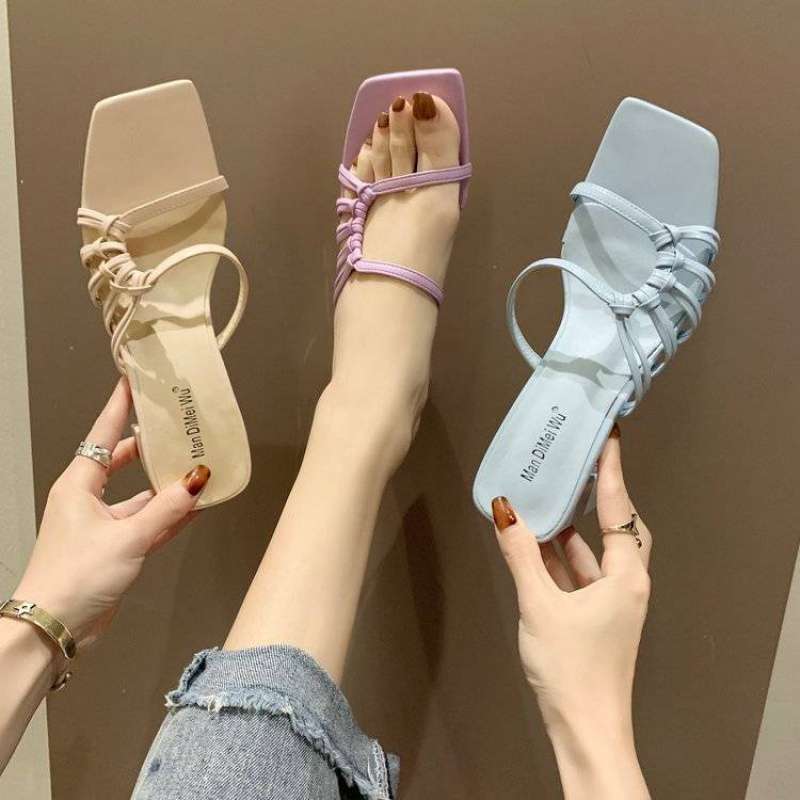 Thin Belt Net Red High Heels Thick Heel Square Heel Woven Half Slippers