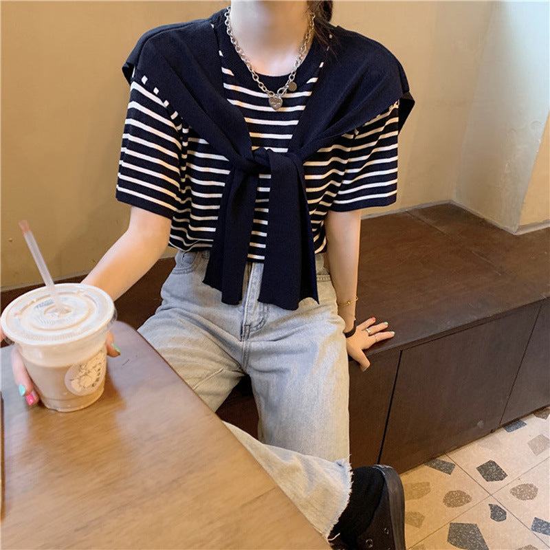 Female Niche Knitwear Striped Fake Two-piece Top Ice Silk T-shirt