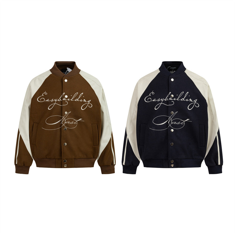 PU Leather Stitching Color Blocking Baseball Uniform Jacket