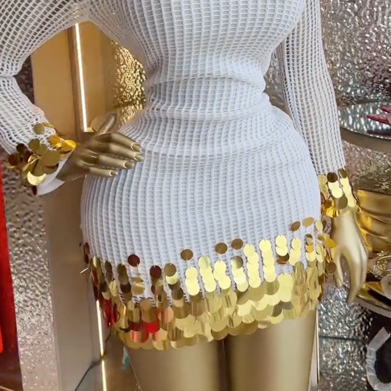 Elegant Hollow-Out Crew Neck Spliced Sequin Bodycon Slip Dress