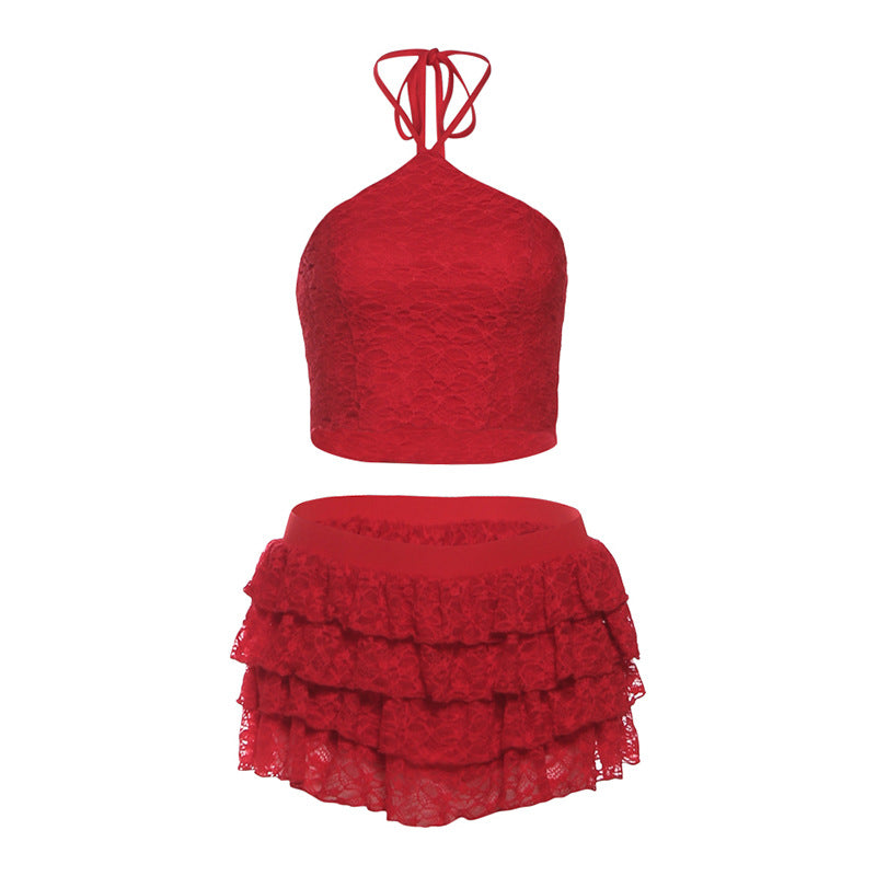 Womens Solid-Color Halterneck Backless Tank Top And Skirt Set