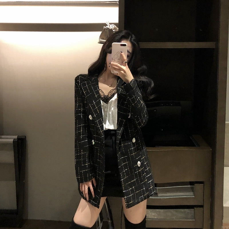 Small Sweet Milk Plaid Suit Double-breasted Jacket