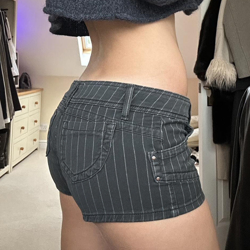 American Street Style Striped Contrast Color Denim Shorts Low Waist Double Breasted