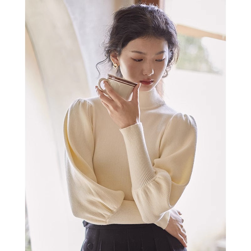 Womens French-style Puff-sleeve Mock-neck Base Layer Top