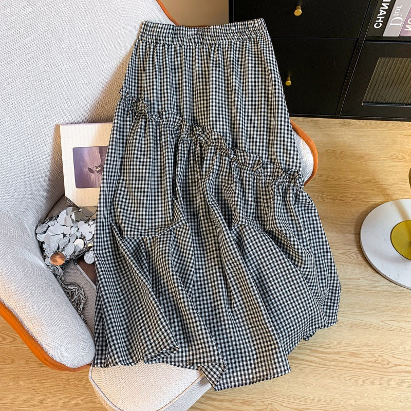 Summer Elastic Waist French Black And White Plaid Irregular A- Line Skirt