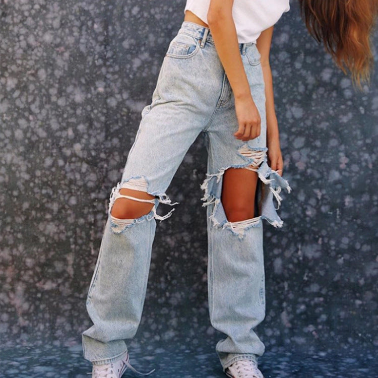 European And American Ladies Jeans Ripped Holes Show Thin Denim