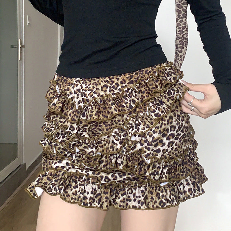 Hot Girl Sexet Leopardprint Træ Øre Syning Pigestil Kagekjole