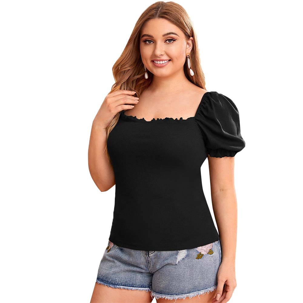 Elegant Style Puff Sleeve Square Neck Solid Color Short Top