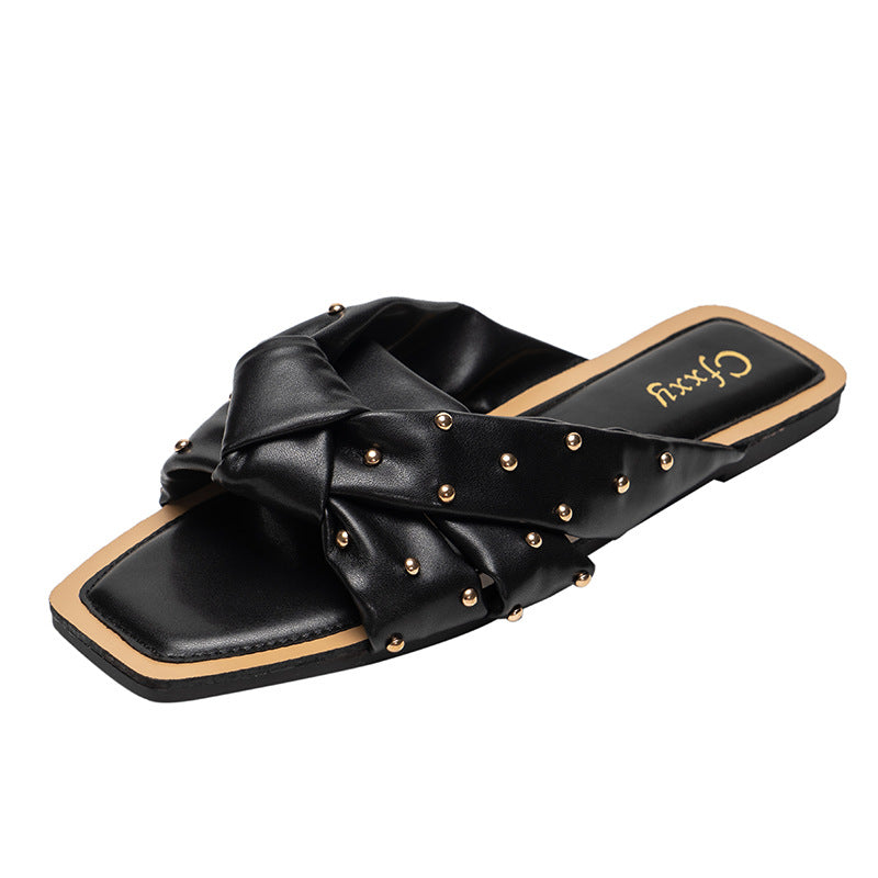 Summer New Style Rivet Woven Slippers Female Cross Flat-bottomed Female Sandals